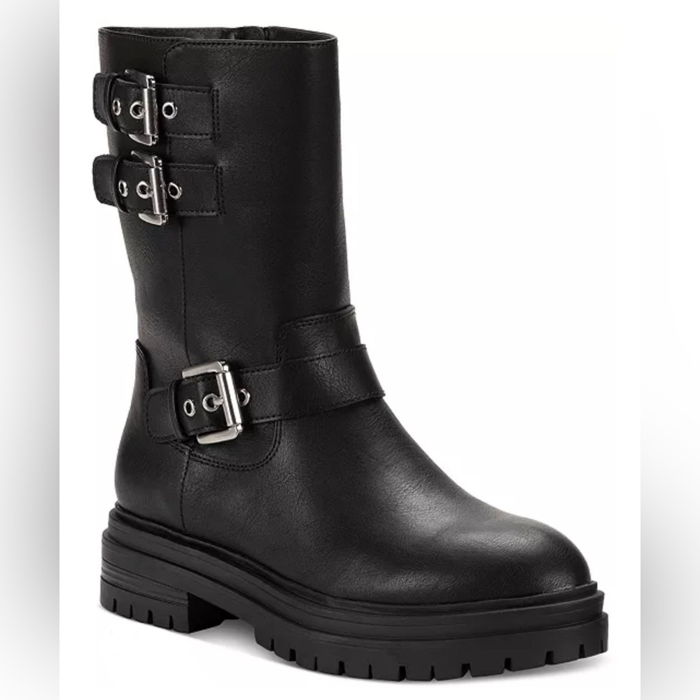 NIB, Sun & Stone Onnyx Moto boot w/buckle and strap detail and chunky lug sole.
